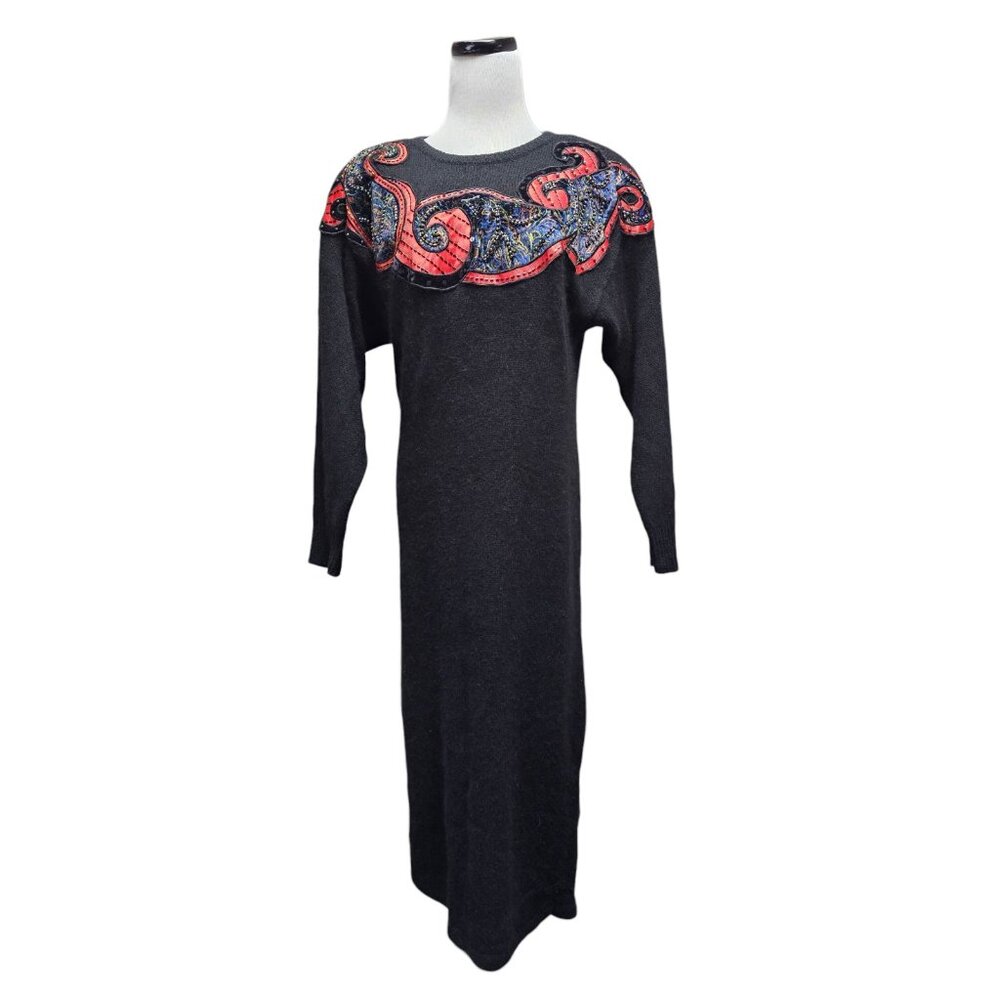 80s - 90s Nilani paisley beaded and appliqued black long sleeves sweater dress